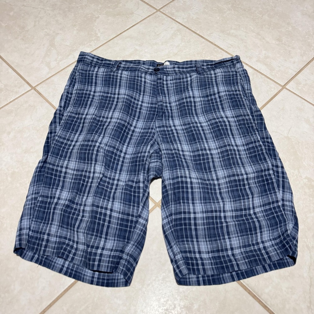 Saks Fifth Avenue Threads Shorts Mens 33 Blue Plaid 100% Linen Flat Front Summer